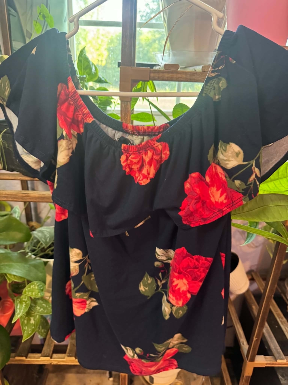 Floral Off-Shoulder Blouse in Navy with Red Rose Print